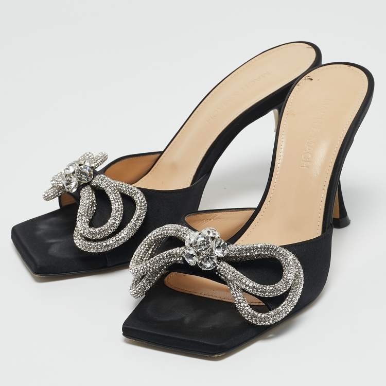 Pre Owned Mach & Mach Black Satin Double Bow Crystal Embellished Slip Sandals Size 38