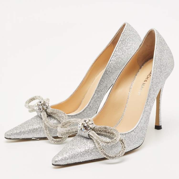 Pre Owned Mach & Mach Silver Glitter Crystal Double Bow Pumps Size 37.5