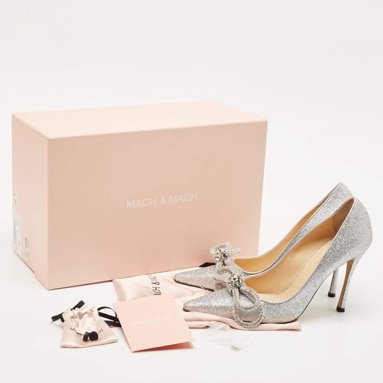 Pre Owned Mach & Mach Silver Glitter Crystal Double Bow Pumps Size 37.5