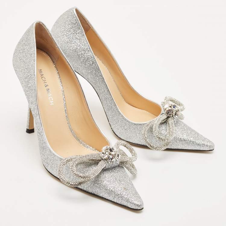Pre Owned Mach & Mach Silver Glitter Crystal Double Bow Pumps Size 37.5