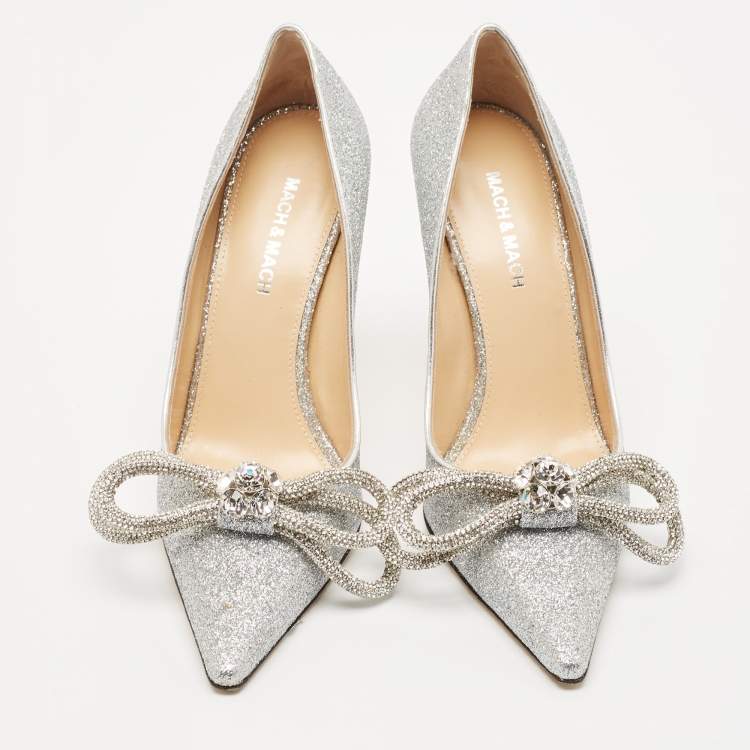 Pre Owned Mach & Mach Silver Glitter Crystal Double Bow Pumps Size 37.5