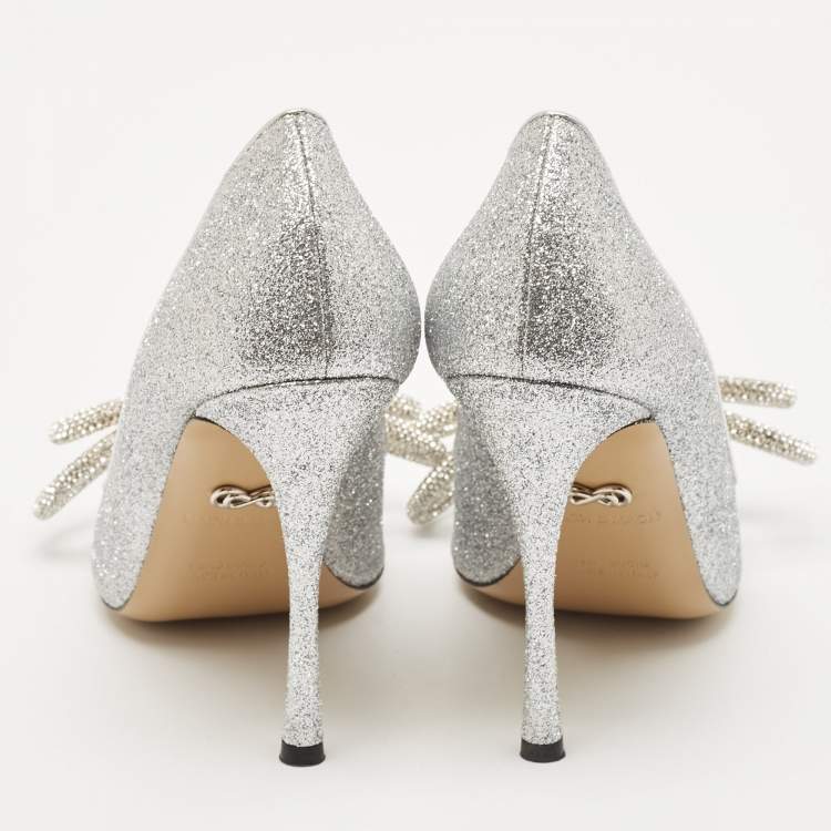 Pre Owned Mach & Mach Silver Glitter Crystal Double Bow Pumps Size 37.5