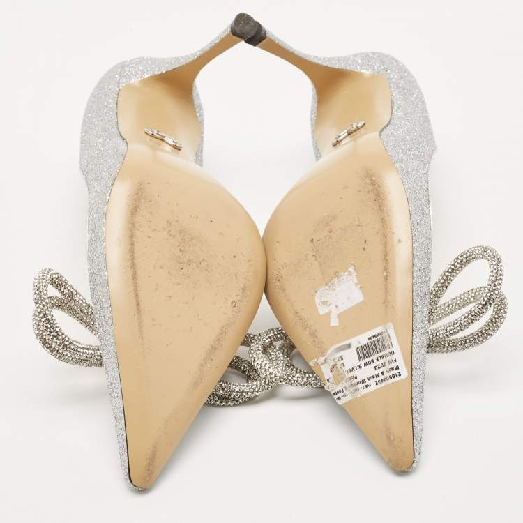Pre Owned Mach & Mach Silver Glitter Crystal Double Bow Pumps Size 37.5