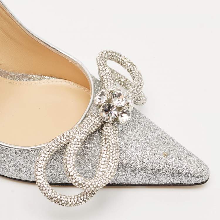 Pre Owned Mach & Mach Silver Glitter Crystal Double Bow Pumps Size 37.5