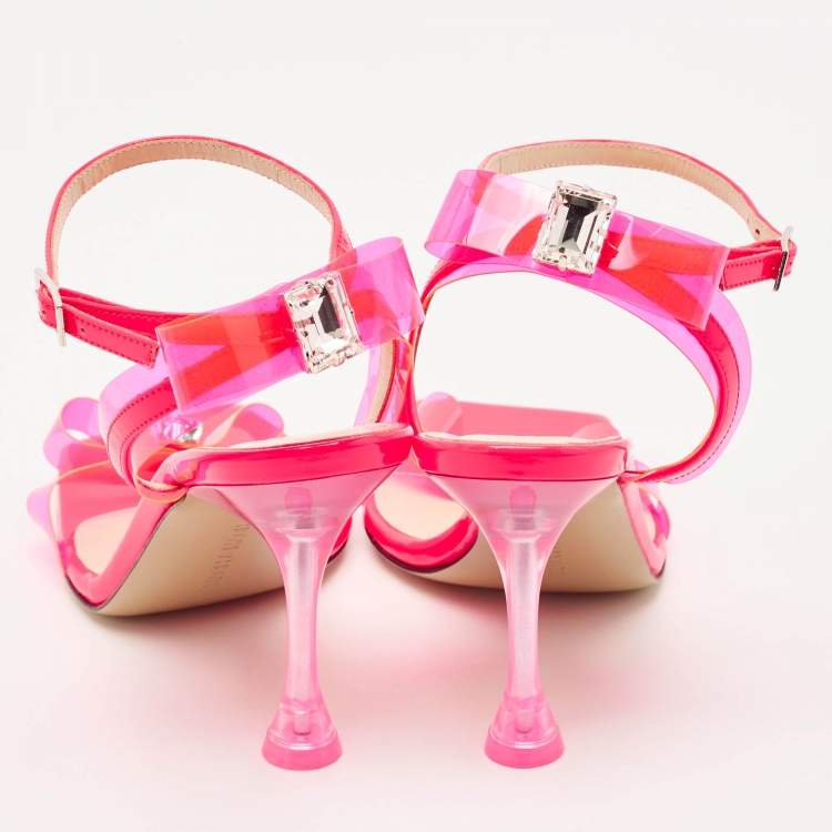 Pre Owned Mach & Mach Neon Pink PVC and Patent Leather French Bow Sandals Size 38