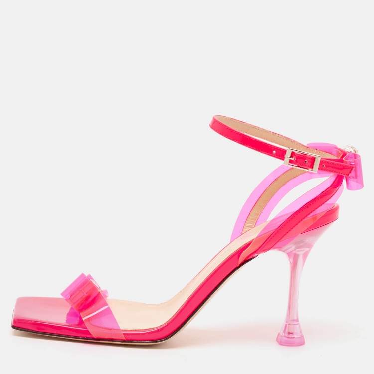Pre Owned Mach & Mach Neon Pink PVC and Patent Leather French Bow Sandals Size 38