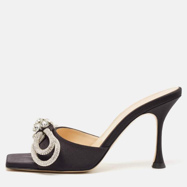 Pre Owned Mach & Mach Black Satin Crystal Embellished Double Bow Slide Sandals Size 38.5