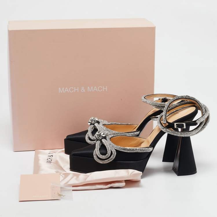Pre Owned Mach & Mach Black Satin Double Bow Crystal Embellished Platform Pumps Size 39