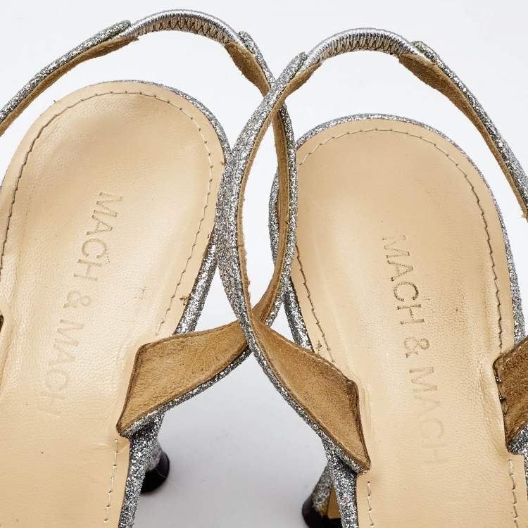 Pre Owned Mach & Mach Silver Glitter Bow Slingback  Pumps Size 38.5