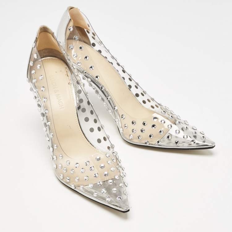 Pre Owned Mach & Mach Silver Patent Leather and PVC Fantasy Crystals Pumps Size 38.5