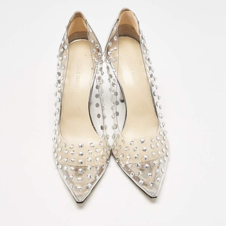 Pre Owned Mach & Mach Silver Patent Leather and PVC Fantasy Crystals Pumps Size 38.5