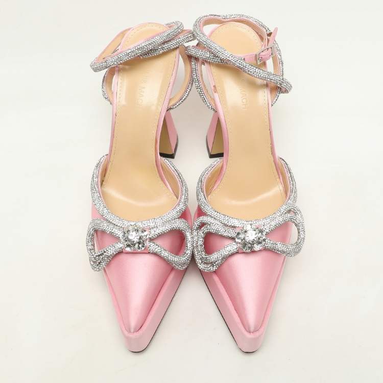 Pre Owned Mach & Mach Pink Satin Double Bow Crystal Embellished Platform Pumps Size 40