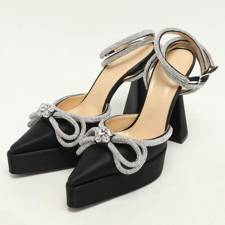 Pre Owned Mach & Mach Black Satin Double Bow Crystal Embellished Platform Pumps Size 40