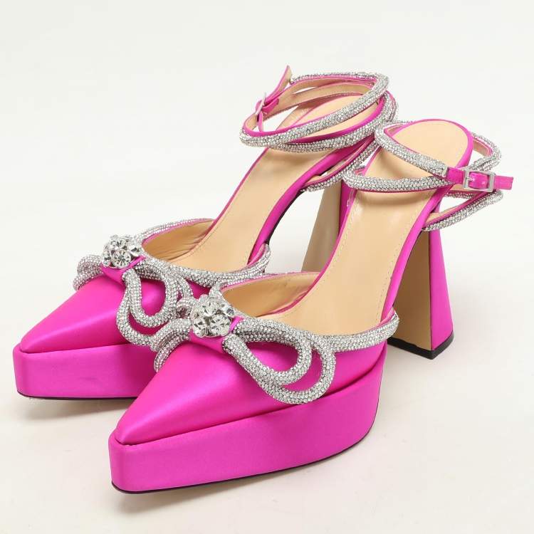 Pre Owned Mach & Mach Pink Satin Double Bow Crystal Embellished Platform Pumps Size 40
