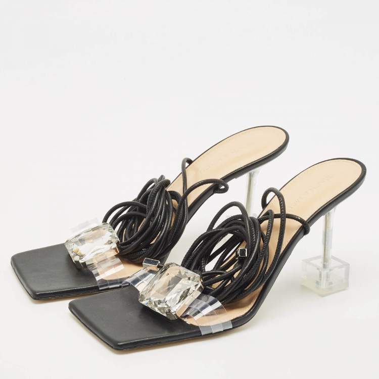 Pre Owned Mach & Mach Transparent PVC Crystal Embellished Ankle Strap Sandals Size 39.5