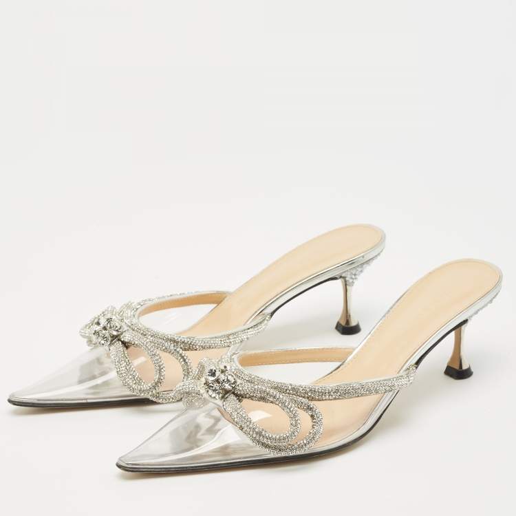 Pre Owned Mach & Mach Silver PVC Double Bow Heel Mules Size 38.5