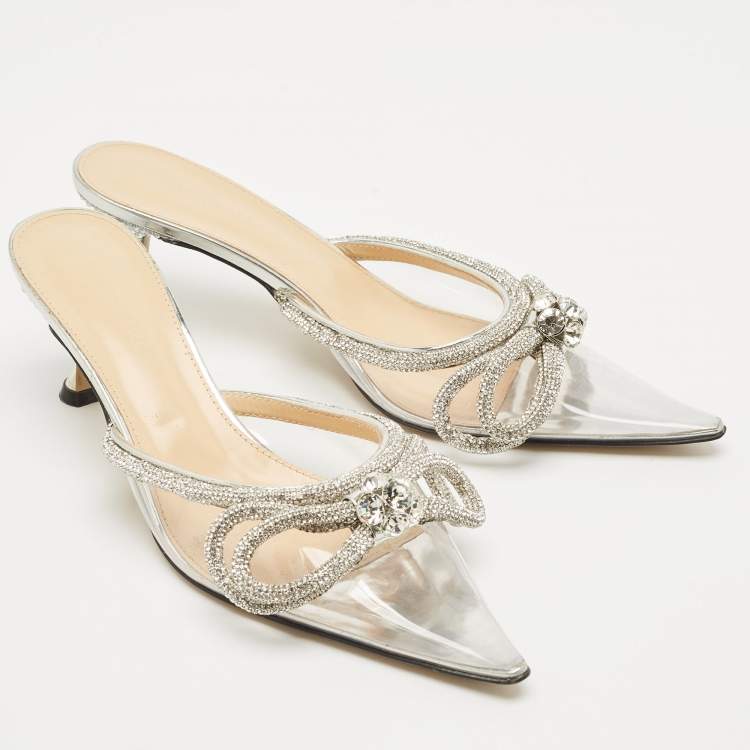 Pre Owned Mach & Mach Silver PVC Double Bow Heel Mules Size 38.5