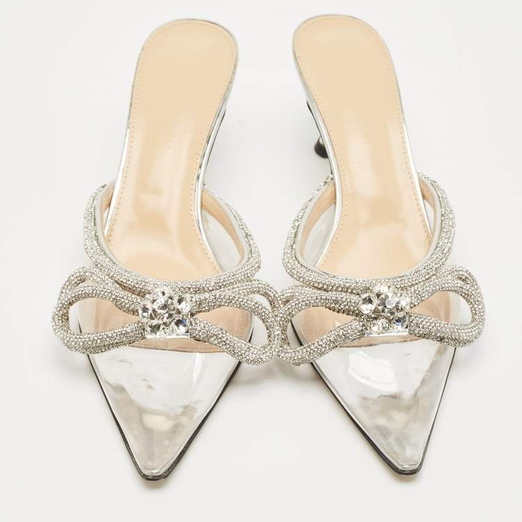 Pre Owned Mach & Mach Silver PVC Double Bow Heel Mules Size 38.5