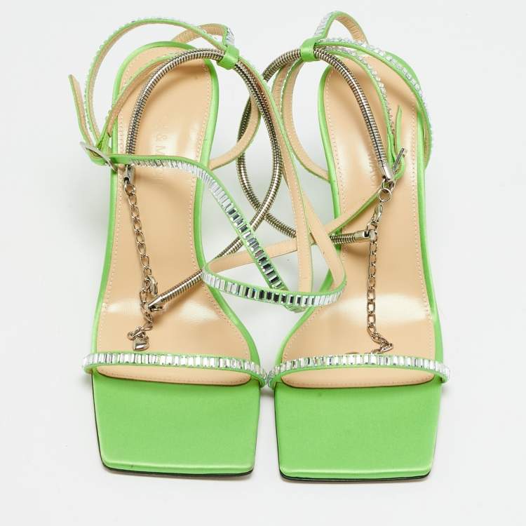 Pre Owned Mach & Mach Green Satin Crystal Embellished Ankle Strap Sandals Size 38