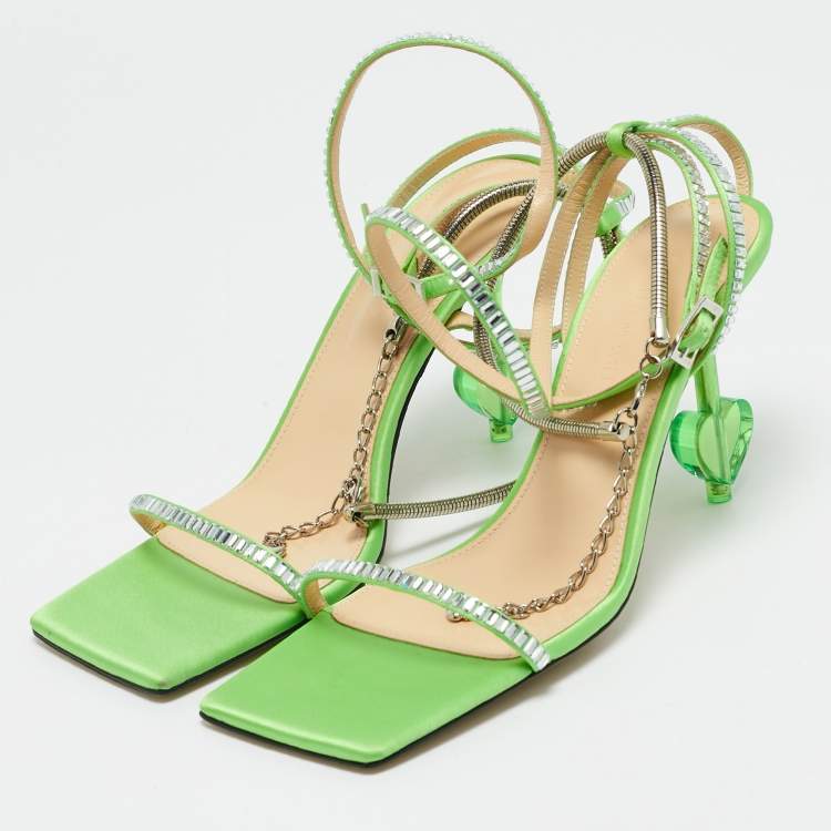 Pre Owned Mach & Mach Green Satin Crystal Embellished Ankle Strap Sandals Size 38