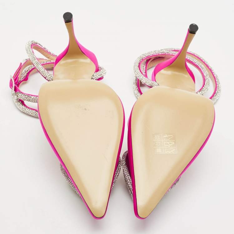 Pre Owned Mach & Mach Pink Satin Crystal Embellished Triple Heart Ankle Wrap Pumps Size 40