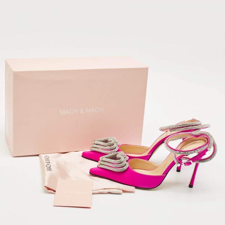 Pre Owned Mach & Mach Pink Satin Crystal Embellished Triple Heart Ankle Wrap Pumps Size 40