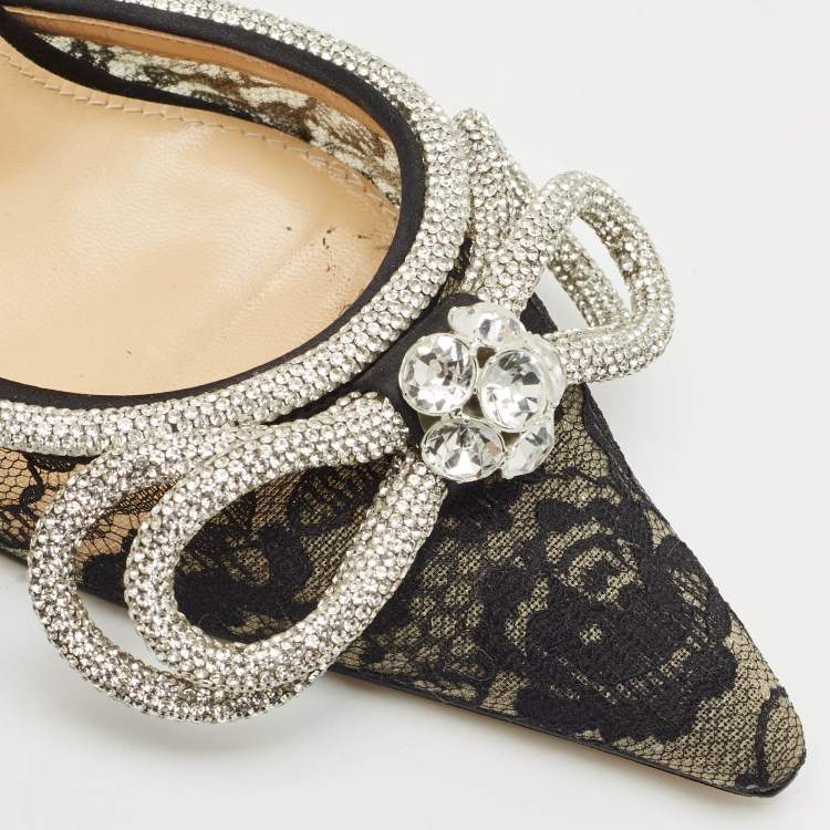Pre Owned Mach & Mach Black Satin Double Bow Crystal Embellished Ankle Strap Pumps Size 39