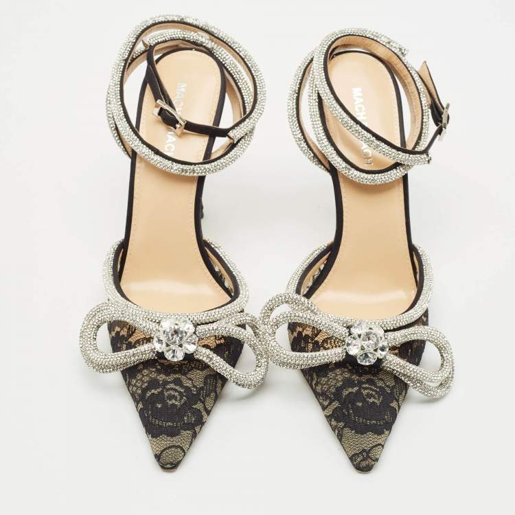 Pre Owned Mach & Mach Black Satin Double Bow Crystal Embellished Ankle Strap Pumps Size 39
