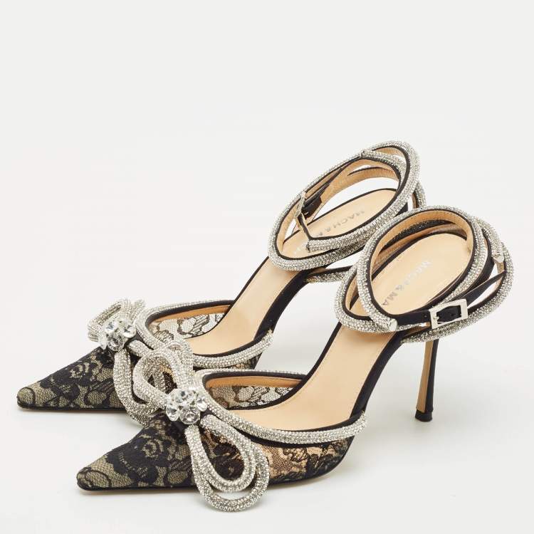 Pre Owned Mach & Mach Black Satin Double Bow Crystal Embellished Ankle Strap Pumps Size 39