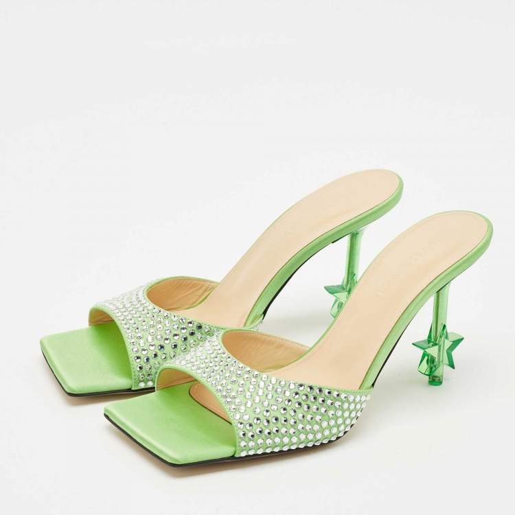 Pre Owned Mach & Mach Green Satin Crystal Embellished Star Slide Sandals Size 38