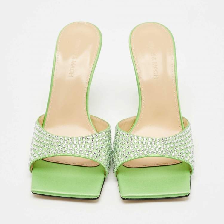 Pre Owned Mach & Mach Green Satin Crystal Embellished Star Slide Sandals Size 38
