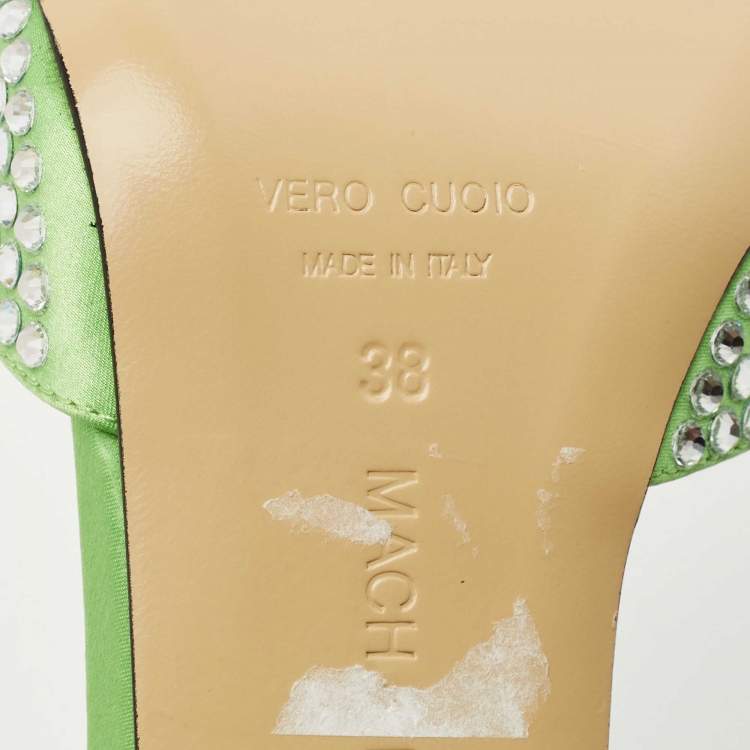 Pre Owned Mach & Mach Green Satin Crystal Embellished Star Slide Sandals Size 38