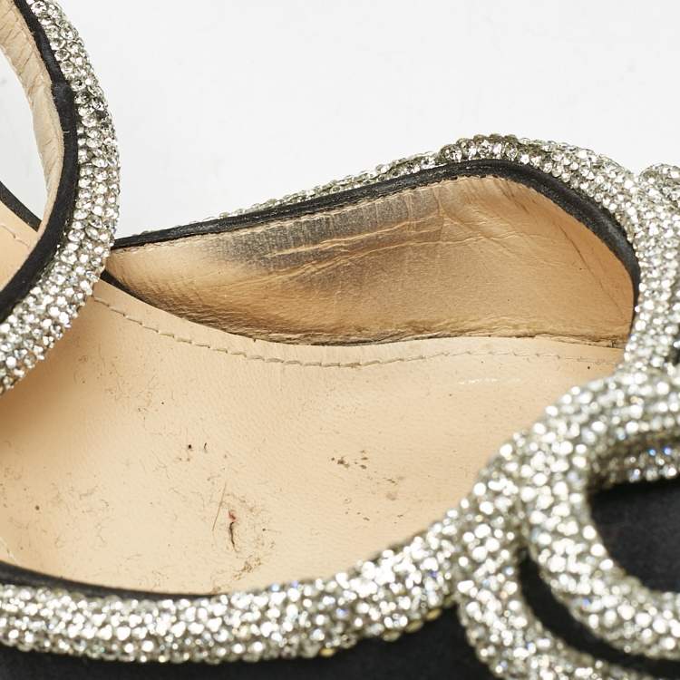Pre Owned Mach & Mach Black Satin Double Bow Crystal Embellished Ankle Strap Pumps Size 39