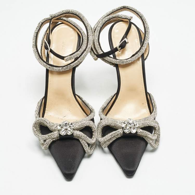 Pre Owned Mach & Mach Black Satin Double Bow Crystal Embellished Ankle Strap Pumps Size 39