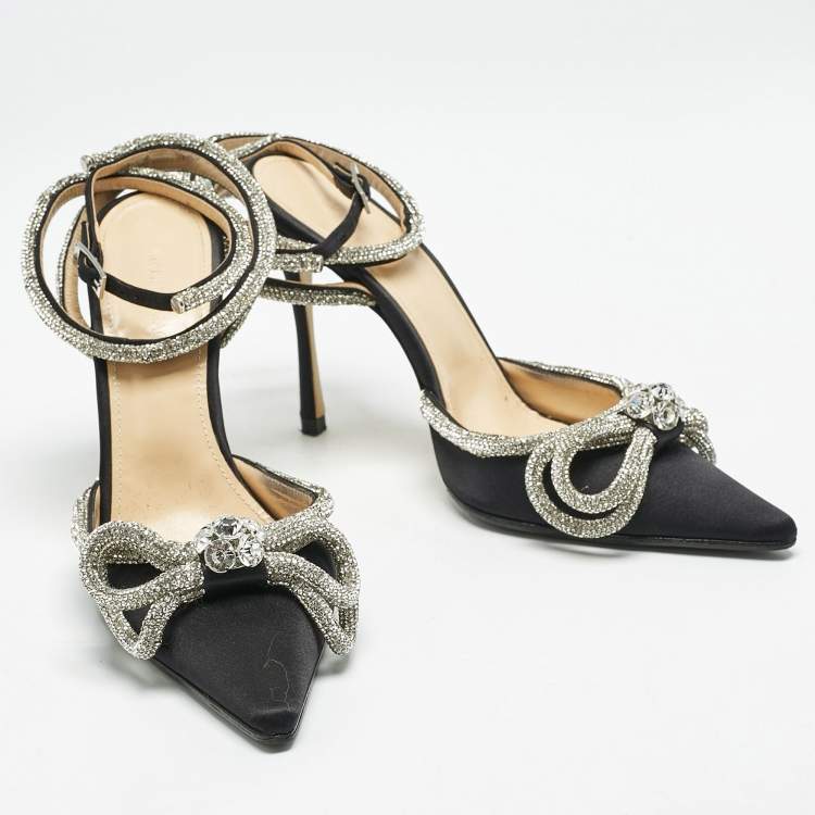 Pre Owned Mach & Mach Black Satin Double Bow Crystal Embellished Ankle Strap Pumps Size 39