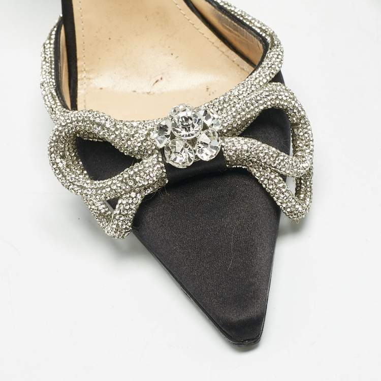 Pre Owned Mach & Mach Black Satin Double Bow Crystal Embellished Ankle Strap Pumps Size 39