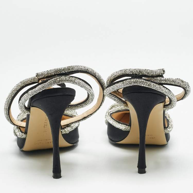 Pre Owned Mach & Mach Black Satin Double Bow Crystal Embellished Ankle Strap Pumps Size 39