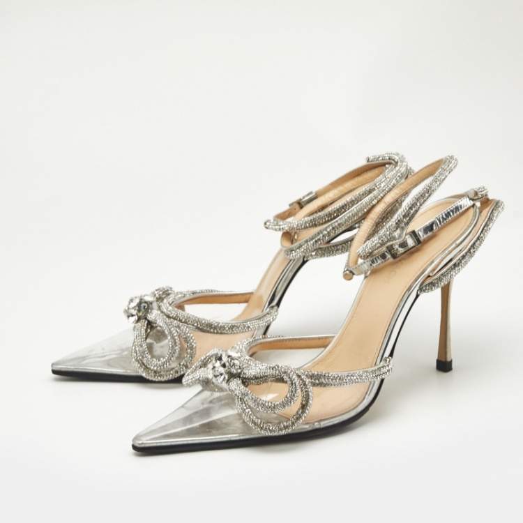 Pre Owned Mach & Mach Silver PVC Crystal Embellished Double Bow Pumps Size 39