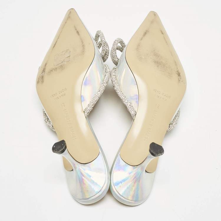Pre Owned Mach & Mach Silver Iridescent PVC Crystal Embellished Double Bow Mules Size 42