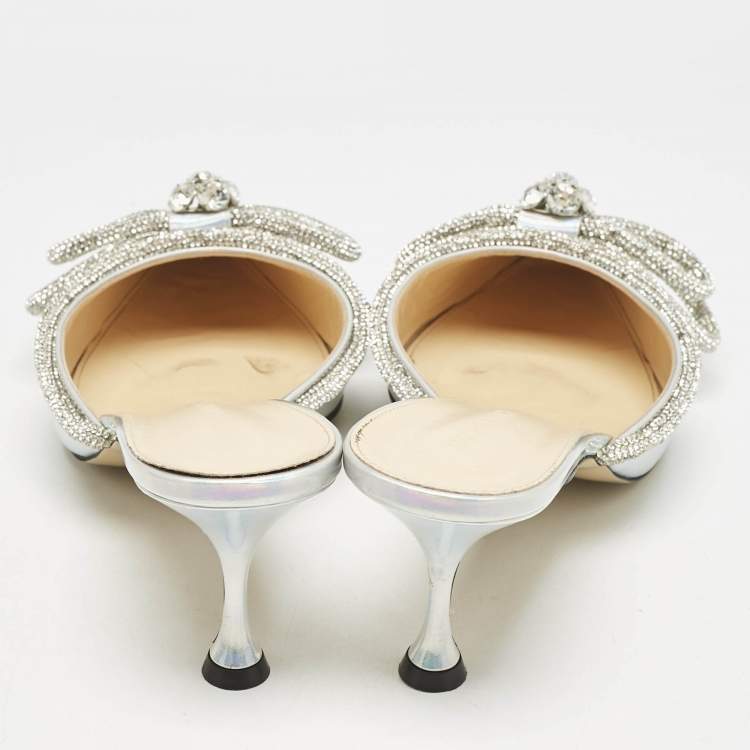 Pre Owned Mach & Mach Silver Iridescent PVC Crystal Embellished Double Bow Mules Size 42