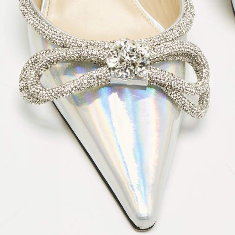 Pre Owned Mach & Mach Silver Iridescent PVC Crystal Embellished Double Bow Mules Size 42