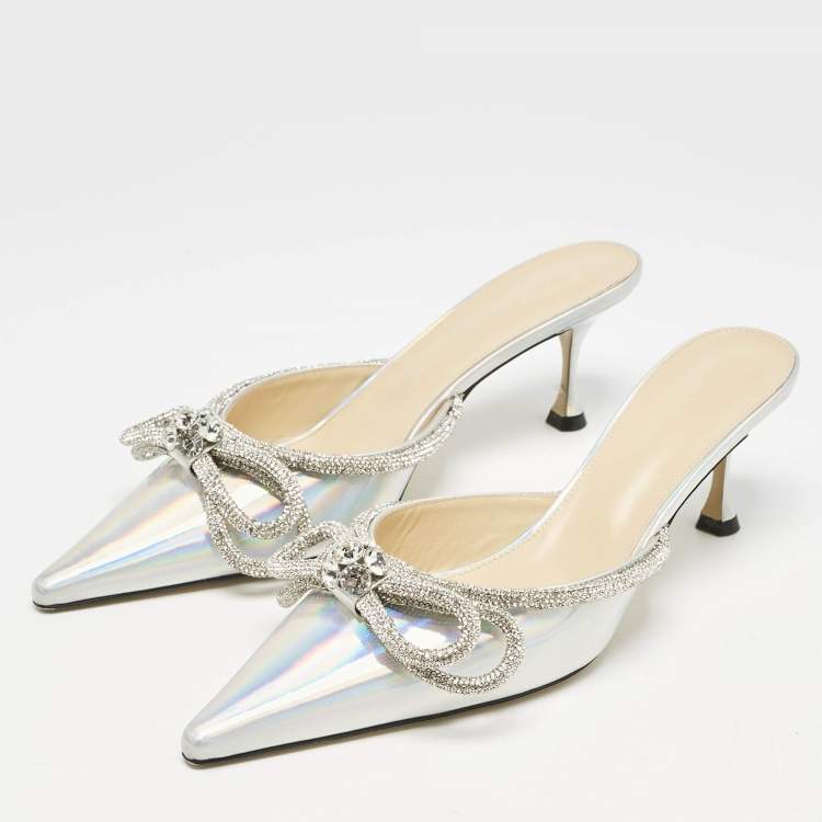 Pre Owned Mach & Mach Silver Iridescent PVC Crystal Embellished Double Bow Mules Size 42