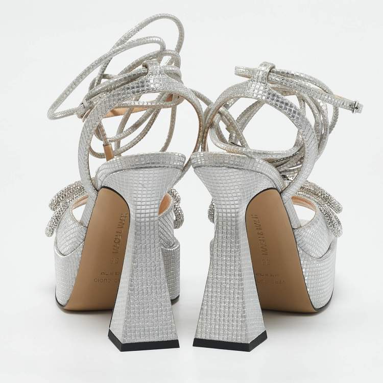 Pre Owned Mach & Mach Silver Leather Double Bow Platform Block Heel Ankle Strap Sandals Size 38