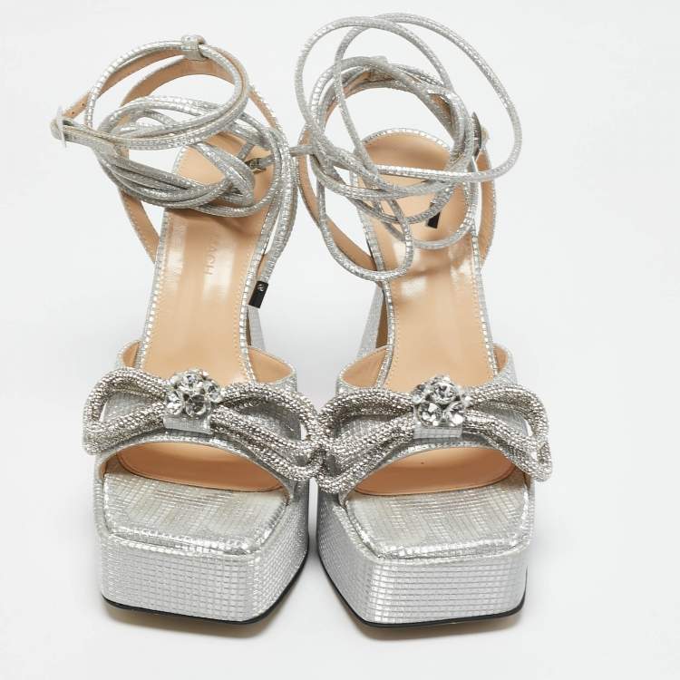 Pre Owned Mach & Mach Silver Leather Double Bow Platform Block Heel Ankle Strap Sandals Size 38