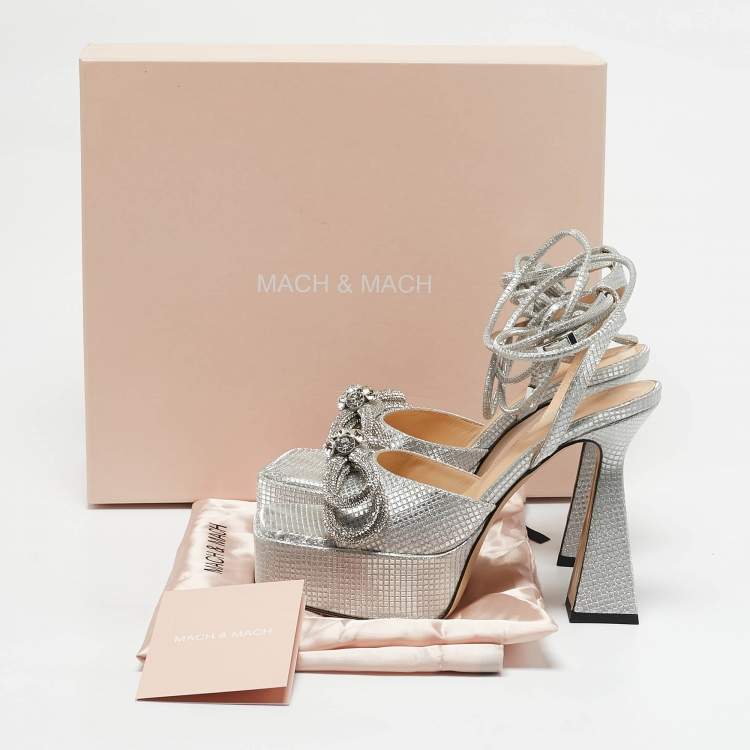 Pre Owned Mach & Mach Silver Leather Double Bow Platform Block Heel Ankle Strap Sandals Size 38