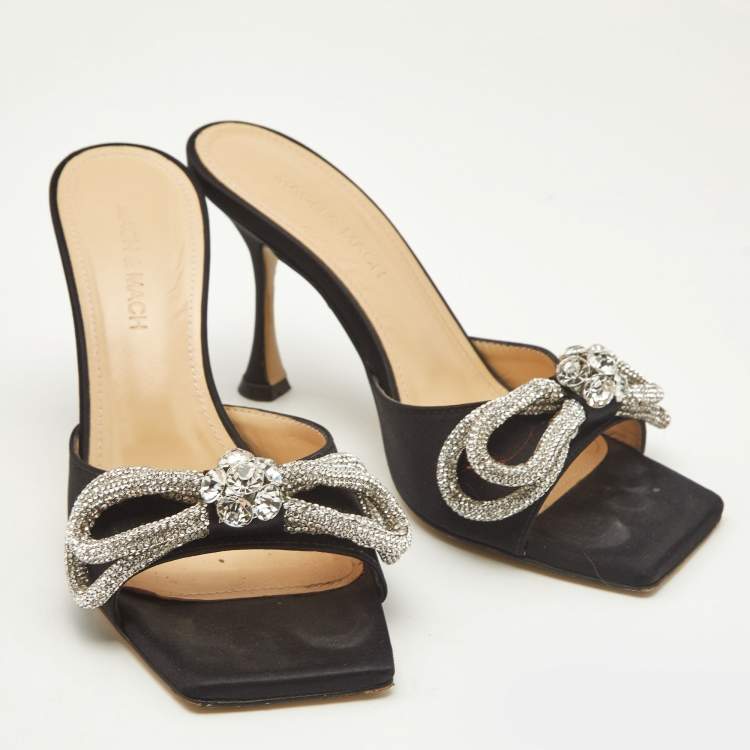 Pre Owned Mach & Mach Black Satin Double Bow Crystals Slide Sandals Size 36.5