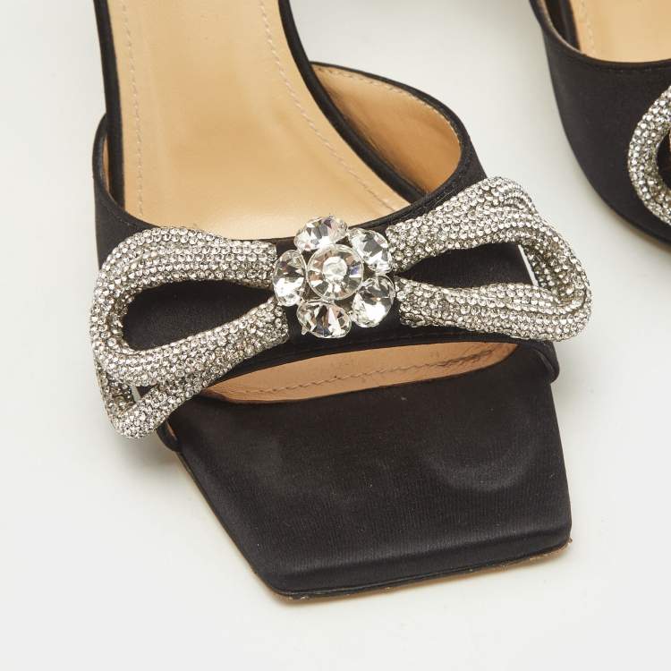 Pre Owned Mach & Mach Black Satin Double Bow Crystals Slide Sandals Size 36.5