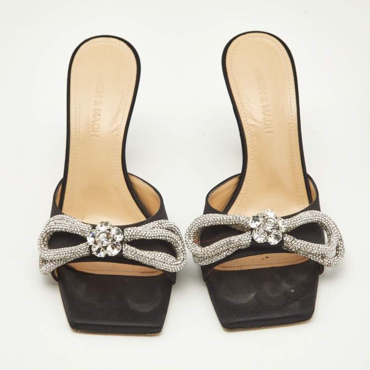 Pre Owned Mach & Mach Black Satin Double Bow Crystals Slide Sandals Size 36.5