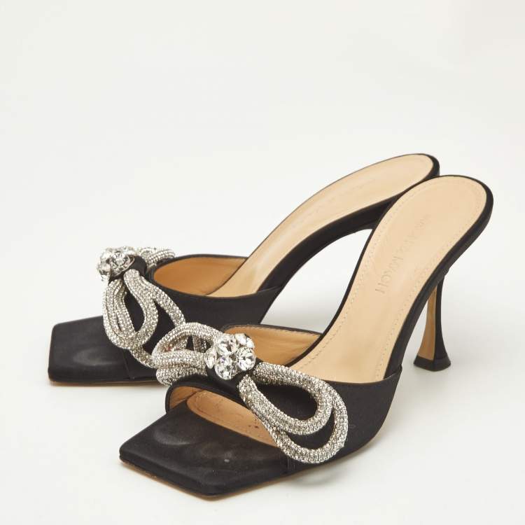 Pre Owned Mach & Mach Black Satin Double Bow Crystals Slide Sandals Size 36.5