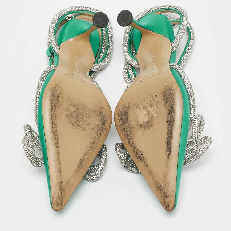 Pre Owned Mach & Mach Green Satin Double Bow Crystal Embellished Ankle Strap Pumps Size 35.5